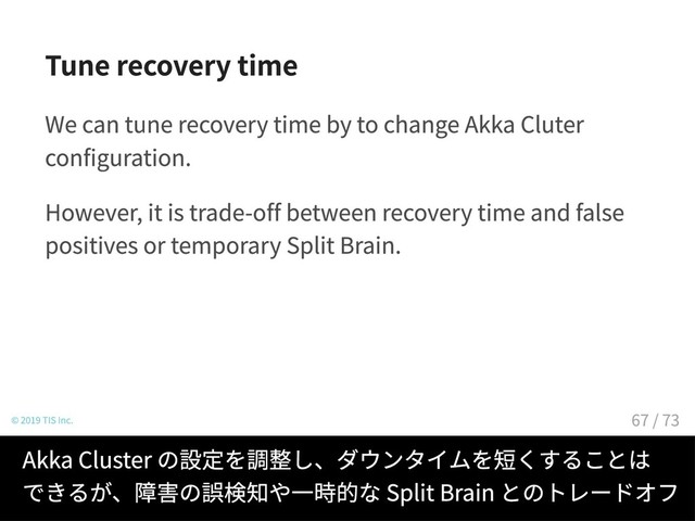 Tune recovery time
We can tune recovery time by to change Akka Cluter
configuration.
However, it is trade-off between recovery time and false
positives or temporary Split Brain.
© 2019 TIS Inc.
Akka Cluster の設定を調整し、ダウンタイムを短くすることは
できるが、障害の誤検知や一時的な Split Brain とのトレードオフ
67 / 73
