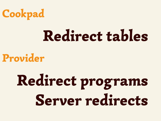 Redirect tables
Cookpad
Redirect programs
Server redirects
Provider
