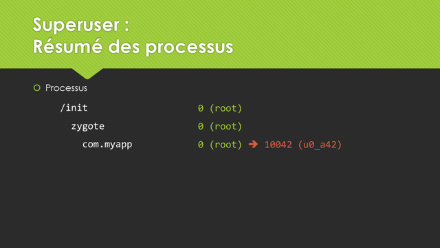  Processus
0 (root)
0 (root)
0 (root)  10042 (u0_a42)
/init
zygote
com.myapp
Superuser :
Résumé des processus
