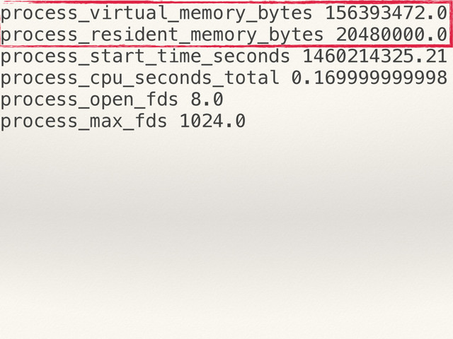 process_virtual_memory_bytes 156393472.0
process_resident_memory_bytes 20480000.0
process_start_time_seconds 1460214325.21
process_cpu_seconds_total 0.169999999998
process_open_fds 8.0
process_max_fds 1024.0
