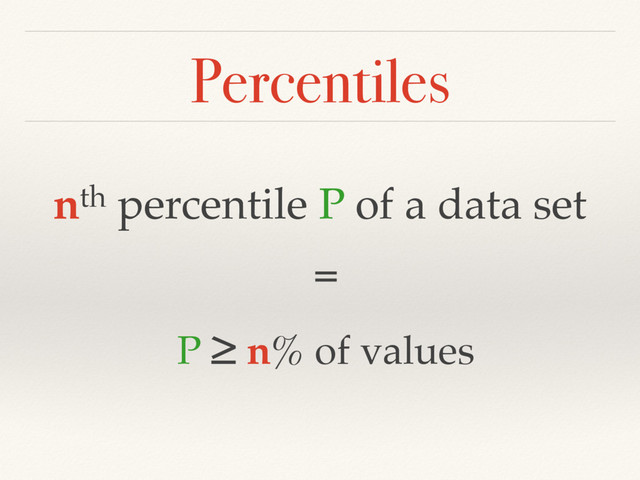Percentiles
nth percentile P of a data set
=
P ≥ n% of values
