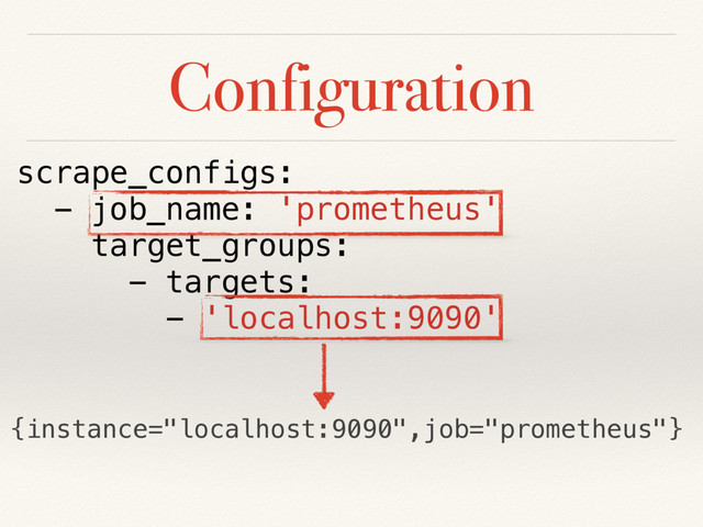 Configuration
scrape_configs:
- job_name: 'prometheus'
target_groups:
- targets:
- 'localhost:9090'
{instance="localhost:9090",job="prometheus"}

