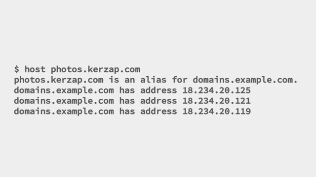 $ host photos.kerzap.com
photos.kerzap.com is an alias for domains.example.com.
domains.example.com has address 18.234.20.125
domains.example.com has address 18.234.20.121
domains.example.com has address 18.234.20.119
Your Twitter Handle Here
