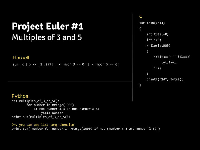 Project Euler #1
Multiples of 3 and 5
Haskell
sum [x | x <- [1..999] , x `mod` 3 == 0 || x `mod` 5 == 0]
C
int main(void)
{
int total=0;
int i=0;
while(i<1000)
{
if(i%3==0 || i%5==0)
total+=i;
i++;
}
printf("%d", total);
}
Python
def multiples_of_3_or_5():
for number in xrange(1000):
if not number % 3 or not number % 5:
yield number
print sum(multiples_of_3_or_5())
Or, you can use list comprehension
print sum( number for number in xrange(1000) if not (number % 3 and number % 5) )
