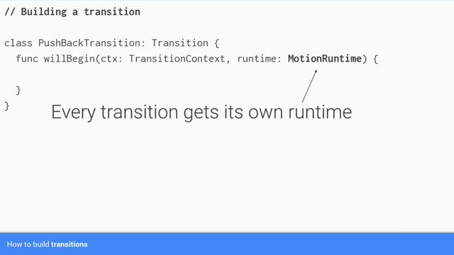 How to build transitions
// Building a transition
class PushBackTransition: Transition {
func willBegin(ctx: TransitionContext, runtime: MotionRuntime) {
}
}
