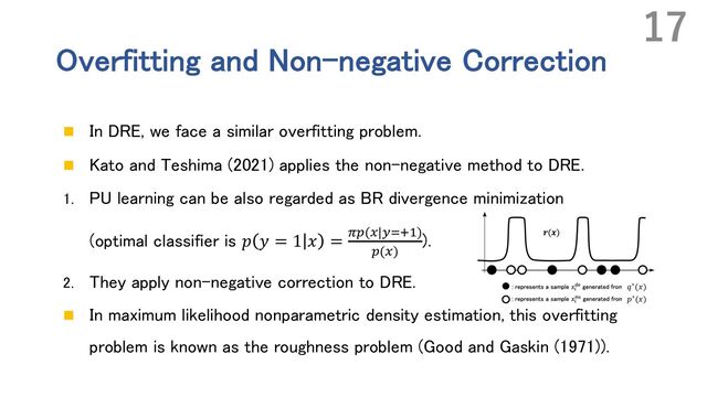 Overfitting and Non-negative Correction
n In DRE, we face a similar overfitting problem.
n Kato and Teshima (2021) applies the non-negative method to DRE.
1. PU learning can be also regarded as BR divergence minimization
(optimal classifier is 𝑝 𝑦 = 1 𝑥 = J"(#|L&M')
"(#)
).
2. They apply non-negative correction to DRE.
n In maximum likelihood nonparametric density estimation, this overfitting
problem is known as the roughness problem (Good and Gaskin (1971)).
17
𝑞∗(𝑥)
𝑝∗(𝑥)
