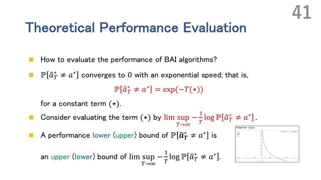 Theoretical Performance Evaluation
n How to evaluate the performance of BAI algorithms?
n ℙ Œ
𝑎n
∗ ≠ 𝑎∗ converges to 0 with an exponential speed; that is,
ℙ Œ
𝑎n
∗ ≠ 𝑎∗ = exp(−𝑇(⋆))
for a constant term (⋆).
n Consider evaluating the term (⋆) by lim sup
n→p
− '
n
log ℙ Œ
𝑎n
∗ ≠ 𝑎∗ .
n A performance lower (upper) bound of ℙ Ž
𝒂𝑻
∗ ≠ 𝑎∗ is
an upper (lower) bound of lim sup
n→p
− '
n
log ℙ Œ
𝑎n
∗ ≠ 𝑎∗ .
41
