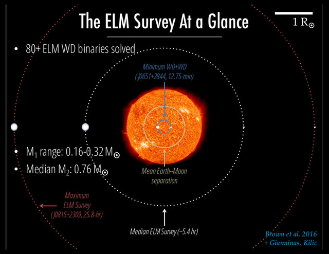Mean Earth--Moon
separation
Minimum WD+WD
(J0651+2844, 12.75-min)
Median ELM Survey (~5.4 hr)
Maximum
ELM Survey
(J0815+2309, 25.8-hr)
1 R¤
The ELM Survey At a Glance
Brown et al. 2016
+ Gianninas, Kilic
• 80+ ELM WD binaries solved
• M1
range: 0.16-0.32 M¤
• Median M2
: 0.76 M¤
