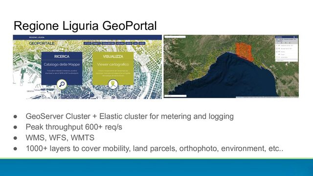 Regione Liguria GeoPortal
● GeoServer Cluster + Elastic cluster for metering and logging
● Peak throughput 600+ req/s
● WMS, WFS, WMTS
● 1000+ layers to cover mobility, land parcels, orthophoto, environment, etc..
