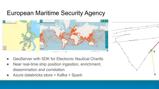 European Maritime Security Agency
● GeoServer with SDK for Electronic Nautical Chartts
● Near real-time ship position ingestion, enrichment,
dissemination and correlation
● Azure databricks store + Kafka + Spark
