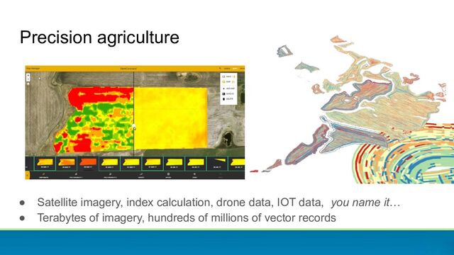 Precision agriculture
● Satellite imagery, index calculation, drone data, IOT data, you name it…
● Terabytes of imagery, hundreds of millions of vector records
