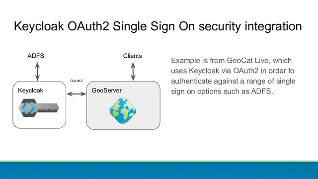 GeoServer
Keycloak OAuth2 Single Sign On security integration
Example is from GeoCat Live, which
uses Keycloak via OAuth2 in order to
authenticate against a range of single
sign on options such as ADFS.
Keycloak
Clients
ADFS
OAuth2
