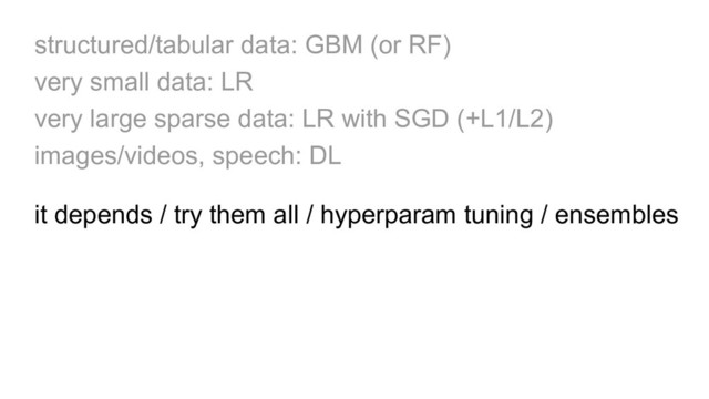 structured/tabular data: GBM (or RF)
very small data: LR
very large sparse data: LR with SGD (+L1/L2)
images/videos, speech: DL
it depends / try them all / hyperparam tuning / ensembles
