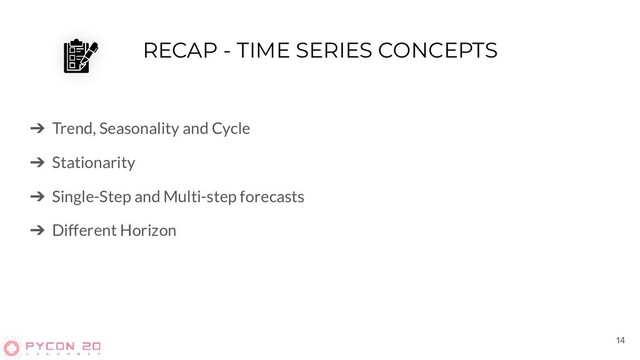 RECAP - TIME SERIES CONCEPTS
➔ Trend, Seasonality and Cycle
➔ Stationarity
➔ Single-Step and Multi-step forecasts
➔ Different Horizon
14
