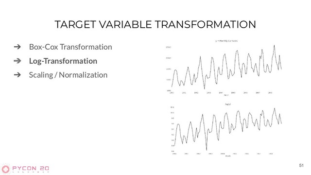 TARGET VARIABLE TRANSFORMATION
➔ Box-Cox Transformation
➔ Log-Transformation
➔ Scaling / Normalization
51
