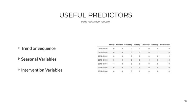 56
USEFUL PREDICTORS
‣ Trend or Sequence
‣ Seasonal Variables
‣ Intervention Variables
