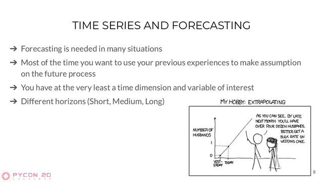 TIME SERIES AND FORECASTING
➔ Forecasting is needed in many situations
➔ Most of the time you want to use your previous experiences to make assumption
on the future process
➔ You have at the very least a time dimension and variable of interest
➔ Different horizons (Short, Medium, Long)
8

