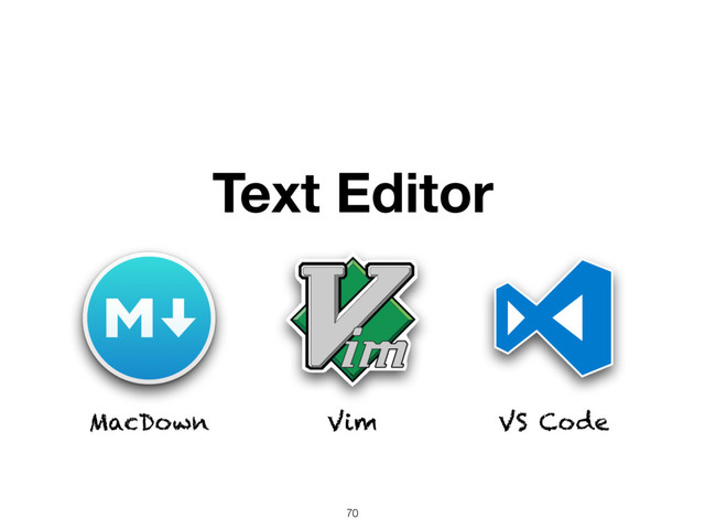 Text Editor
MacDown Vim VS Code
70

