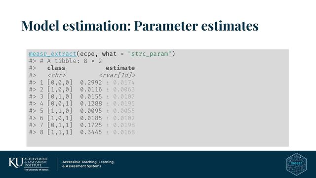 Model estimation: Parameter estimates
measr_extract(ecpe, what = "strc_param")
#> # A tibble: 8 × 2
#> class estimate
#>  
#> 1 [0,0,0] 0.2992 ± 0.0174
#> 2 [1,0,0] 0.0116 ± 0.0063
#> 3 [0,1,0] 0.0155 ± 0.0107
#> 4 [0,0,1] 0.1288 ± 0.0195
#> 5 [1,1,0] 0.0095 ± 0.0055
#> 6 [1,0,1] 0.0185 ± 0.0102
#> 7 [0,1,1] 0.1725 ± 0.0198
#> 8 [1,1,1] 0.3445 ± 0.0168
