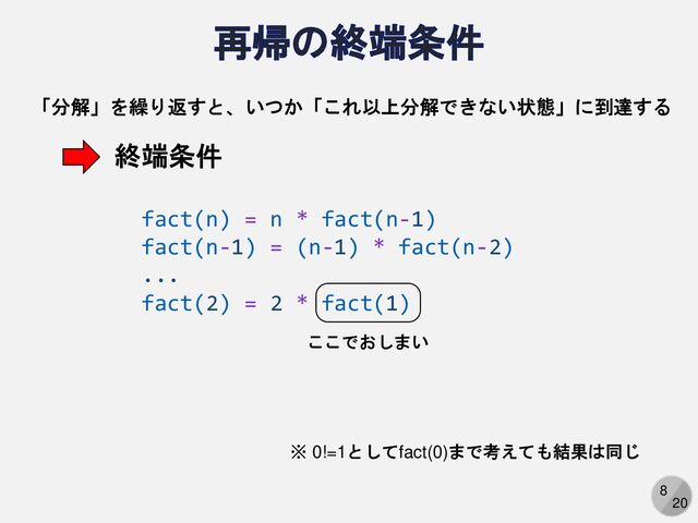 8
20
再帰の終端条件
fact(n) = n * fact(n-1)
fact(n-1) = (n-1) * fact(n-2)
...
fact(2) = 2 * fact(1)
「分解」を繰り返すと、いつか「これ以上分解できない状態」に到達する
終端条件
※ 0!=1としてfact(0)まで考えても結果は同じ
ここでおしまい
