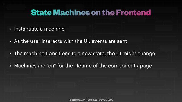 State Machines on the Frontend
• Instantiate a machine


• As the user interacts with the UI, events are sent


• The machine transitions to a new state, the UI might change


• Machines are "on" for the lifetime of the component / page
Erik Rasmussen – @erikras – May 25, 2022
