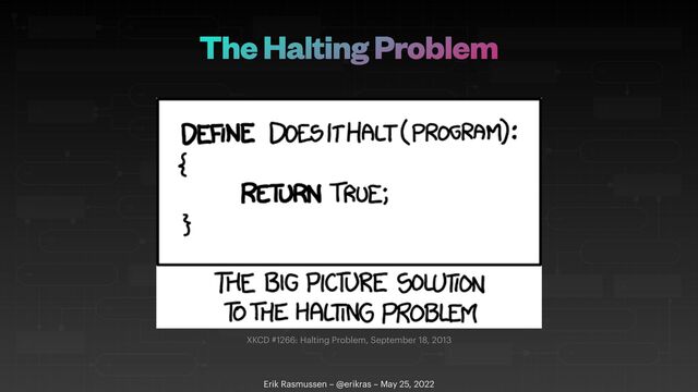 The Halting Problem
Erik Rasmussen – @erikras – May 25, 2022
XKCD #1266: Halting Problem, September 18, 2013
