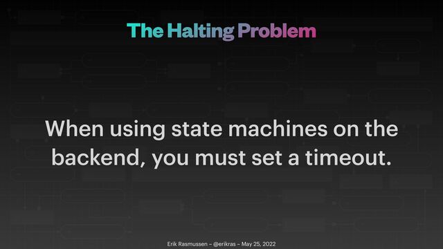 The Halting Problem
Erik Rasmussen – @erikras – May 25, 2022
When using state machines on the
backend, you must set a timeout.
