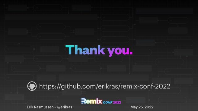 Thank you.
Erik Rasmussen – @erikras May 25, 2022
CONF 2022
https://github.com/erikras/remix-conf-2022
