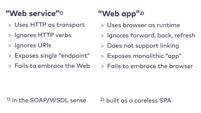 1) in the SOAP/WSDL sense
“Web app”2)
2) built as a careless SPA
“Web service”1)
> Uses HTTP as transport
> Ignores HTTP verbs
> Ignores URIs
> Exposes single “endpoint”
> Fails to embrace the Web
> Uses browser as runtime
> Ignores forward, back, refresh
> Does not support linking
> Exposes monolithic “app”
> Fails to embrace the browser
