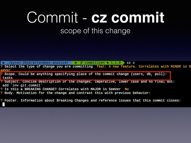 Commit - cz commit
scope of this change
