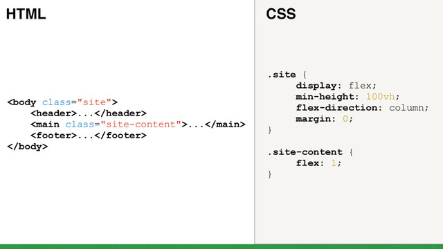 
...
...
...

.site {
display: flex;
min-height: 100vh;
flex-direction: column;
margin: 0;
}
.site-content {
flex: 1;
}
HTML CSS
