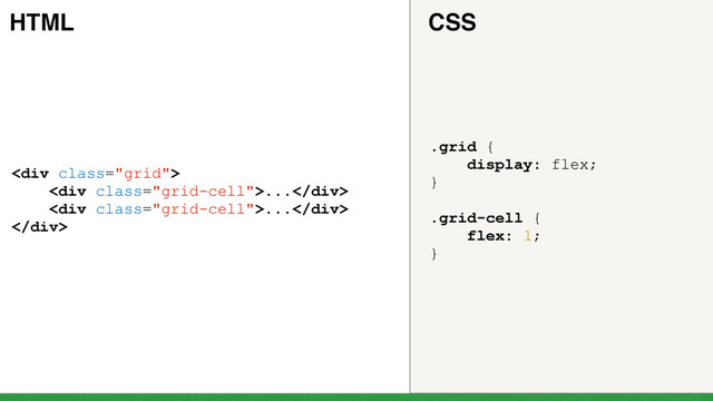 <div class="grid">
<div class="grid-cell">...</div>
<div class="grid-cell">...</div>
</div>
.grid {
display: flex;
}
.grid-cell {
flex: 1;
}
HTML CSS
