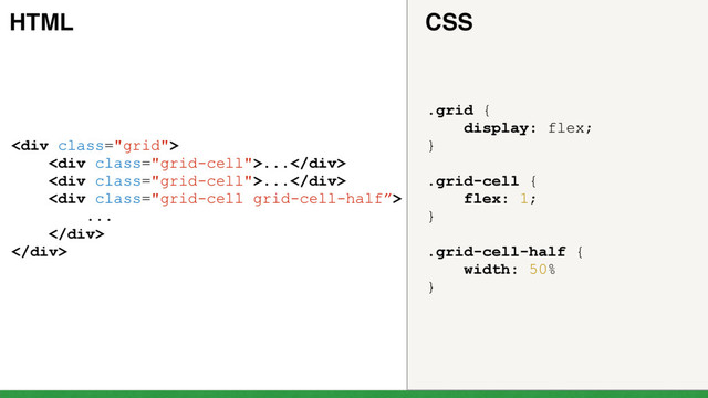 <div class="grid">
<div class="grid-cell">...</div>
<div class="grid-cell">...</div>
<div class="grid-cell grid-cell-half”>
...
</div>
</div>
.grid {
display: flex;
}
.grid-cell {
flex: 1;
}
.grid-cell-half {
width: 50%
}
HTML CSS
"></div>
</div>
