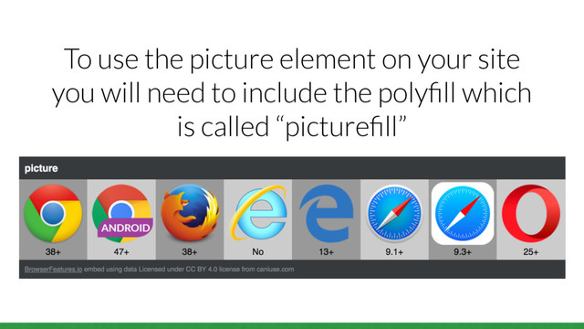To use the picture element on your site
you will need to include the polyﬁll which
is called “pictureﬁll”
