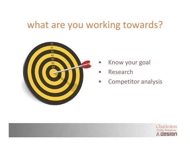 what are you working towards?
• Know your goal
• Research
• Competitor analysis
