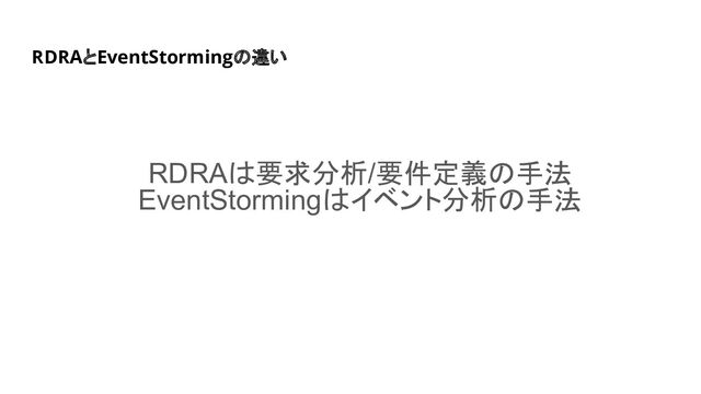RDRAは要求分析/要件定義の手法
EventStormingはイベント分析の手法
RDRAとEventStormingの違い
