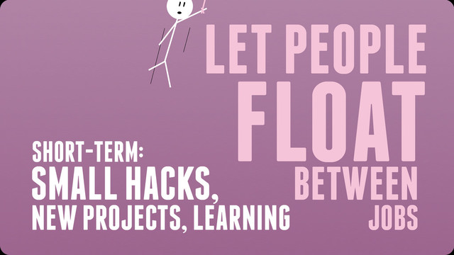 LET PEOPLE
FLOAT
BETWEEN
JOBS
SHORT-TERM:
SMALL HACKS,
NEW PROJECTS, LEARNING

