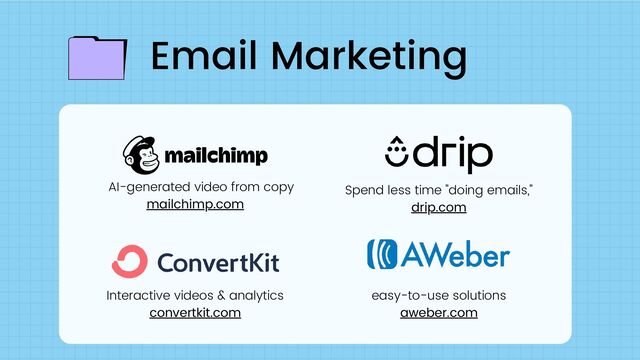 Interactive videos & analytics
convertkit.com
AI-generated video from copy
mailchimp.com
Spend less time "doing emails,"
drip.com
Email Marketing
easy-to-use solutions
aweber.com
