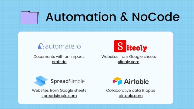 Websites from Google sheets
spreadsimple.com
Automation & NoCode
Documents with an impact.
craft.do
Websites from Google sheets
siteoly.com
Collaborative data & apps
airtable.com
