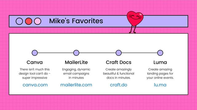 Mike's Favorites
Canva
There isn't much this
design tool can't do -
super impressive
Craft Docs
Create amazingly
beautiful & functional
docs in minutes.
MailerLite
Engaging, dynamic
email campaigns
in minutes
Luma
Create amazing
landing pages for
your online events.
canva.com mailerlite.com craft.do lu.ma
