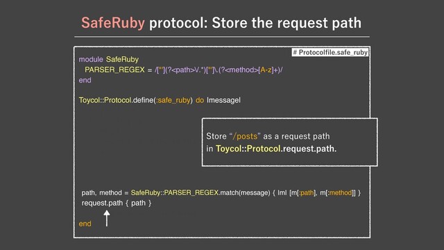 module SafeRuby

PARSER_REGEX = /["'](?\/.*)["']\.(?[A-z]+)/

end

Toycol::Protocol.de
fi
ne(:safe_ruby) do |message|

using Module.new {

re
fi
ne String do

def get

Toycol::Protocol.request.http_method { “GET" }

end

end

}

path, method = SafeRuby::PARSER_REGEX.match(message) { |m| [m[:path], m[:method]] }

request.path { path }

request_path.public_send(method)

end
1SPUPDPM
fi
MFTBGF@SVCZ
4BGF3VCZQSPUPDPM4UPSFUIFSFRVFTUQBUI
4UPSFlQPTUTzBTBSFRVFTUQBUI
JO5PZDPM1SPUPDPMSFRVFTUQBUI
