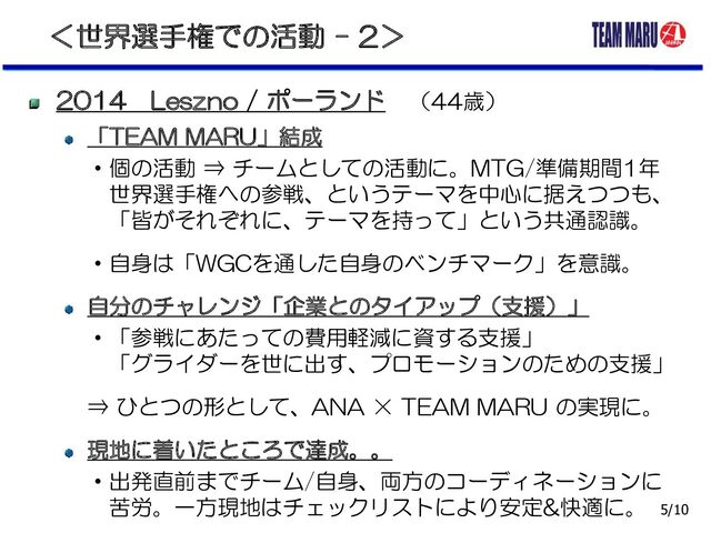 ＜世界選手権での活動 - 2＞
2014 Leszno / ポーランド （44歳）
「TEAM MARU」結成
・個の活動 ⇒ チームとしての活動に。MTG/準備期間1年
世界選手権への参戦、というテーマを中心に据えつつも、
「皆がそれぞれに、テーマを持って」という共通認識。
・自身は「WGCを通した自身のベンチマーク」を意識。
自分のチャレンジ「企業とのタイアップ（支援）」
・「参戦にあたっての費用軽減に資する支援」
「グライダーを世に出す、プロモーションのための支援」
⇒ ひとつの形として、ANA × TEAM MARU の実現に。
現地に着いたところで達成。。
・出発直前までチーム/自身、両方のコーディネーションに
苦労。一方現地はチェックリストにより安定&快適に。 5/10
