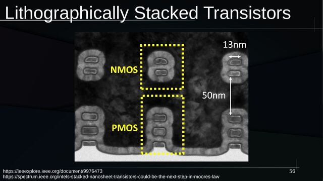 56
Lithographically Stacked Transistors
https://ieeexplore.ieee.org/document/9976473
https://spectrum.ieee.org/intels-stacked-nanosheet-transistors-could-be-the-next-step-in-moores-law
