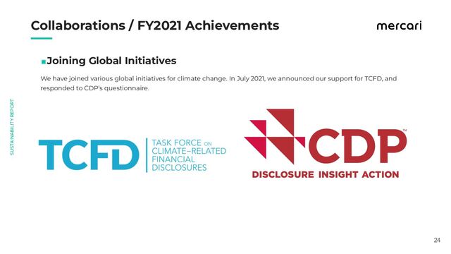 　　
We have joined various global initiatives for climate change. In July 2021, we announced our support for TCFD, and
responded to CDP’s questionnaire.
◼Joining Global Initiatives
24
Collaborations / FY2021 Achievements

