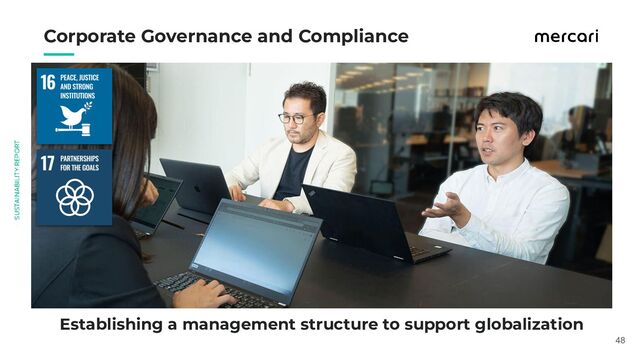 　　
Establishing a management structure to support globalization
Corporate Governance and Compliance
48
