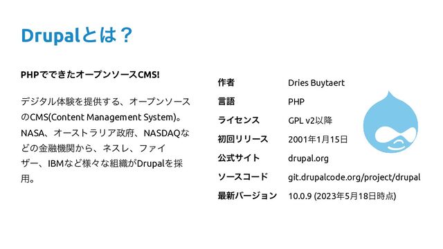 Drupalͱ͸ʁ
PHPͰͰ͖ͨΦʔϓϯιʔεCMS!


σδλϧମݧΛఏڙ͢ΔɺΦʔϓϯιʔε
ͷCMS(Content Management System)ɻ


NASAɺΦʔετϥϦΞ੓෎ɺNASDAQͳ
Ͳͷۚ༥ػ͔ؔΒɺωεϨɺϑΝΠ
βʔɺIBMͳͲ༷ʑͳ૊৫͕DrupalΛ࠾
༻ɻ
࡞ऀ Dries Buytaert
ݴޠ PHP
ϥΠηϯε GPL v2Ҏ߱
ॳճϦϦʔε 2001೥1݄15೔
ެࣜαΠτ drupal.org
ιʔείʔυ git.drupalcode.org/project/drupal
࠷৽όʔδϣϯ 10.0.9 (2023೥5݄18೔࣌఺)
