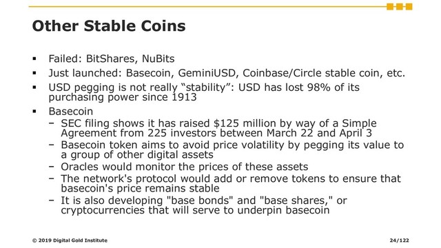 Other Stable Coins
▪ Failed: BitShares, NuBits
▪ Just launched: Basecoin, GeminiUSD, Coinbase/Circle stable coin, etc.
▪ USD pegging is not really “stability”: USD has lost 98% of its
purchasing power since 1913
▪ Basecoin
− SEC filing shows it has raised $125 million by way of a Simple
Agreement from 225 investors between March 22 and April 3
− Basecoin token aims to avoid price volatility by pegging its value to
a group of other digital assets
− Oracles would monitor the prices of these assets
− The network's protocol would add or remove tokens to ensure that
basecoin's price remains stable
− It is also developing "base bonds" and "base shares," or
cryptocurrencies that will serve to underpin basecoin
© 2019 Digital Gold Institute 24/122
