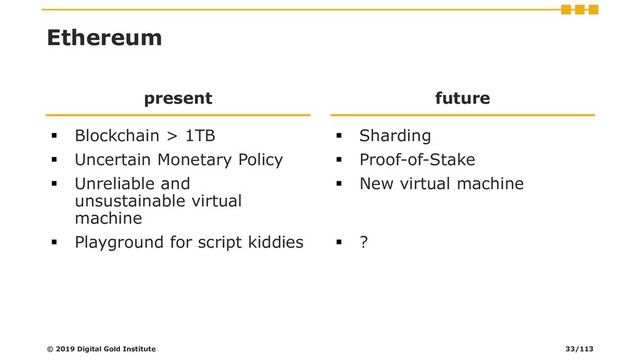 Ethereum
present
▪ Blockchain > 1TB
▪ Uncertain Monetary Policy
▪ Unreliable and
unsustainable virtual
machine
▪ Playground for script kiddies
future
▪ Sharding
▪ Proof-of-Stake
▪ New virtual machine
▪ ?
© 2019 Digital Gold Institute 33/113

