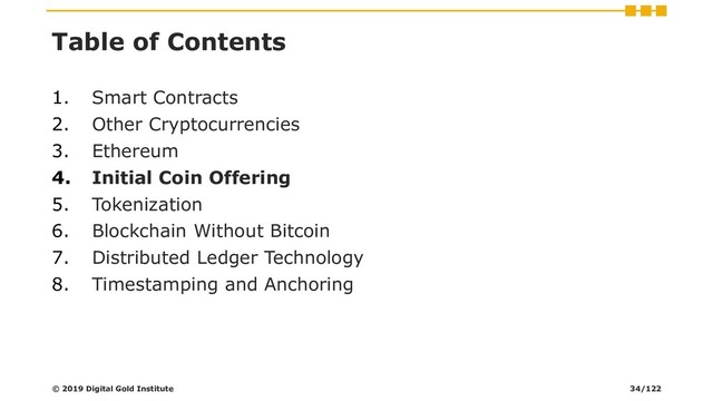 Table of Contents
1. Smart Contracts
2. Other Cryptocurrencies
3. Ethereum
4. Initial Coin Offering
5. Tokenization
6. Blockchain Without Bitcoin
7. Distributed Ledger Technology
8. Timestamping and Anchoring
© 2019 Digital Gold Institute 34/122
