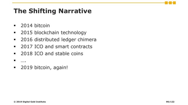 The Shifting Narrative
▪ 2014 bitcoin
▪ 2015 blockchain technology
▪ 2016 distributed ledger chimera
▪ 2017 ICO and smart contracts
▪ 2018 ICO and stable coins
▪ ….
▪ 2019 bitcoin, again!
© 2019 Digital Gold Institute 90/122
